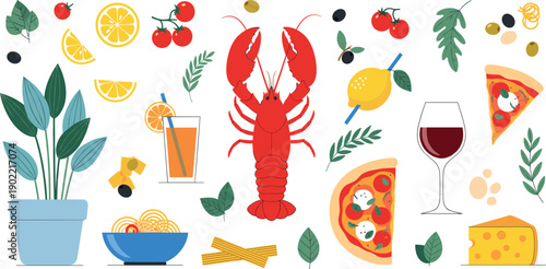 Gourmet Mediterranean food set featuring whole lobster pizza slices pasta bowl red wine and fresh herbs on a minimalist grey background