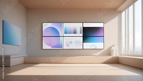Modern digital display wall with multiple screens in a minimalist room with natural light