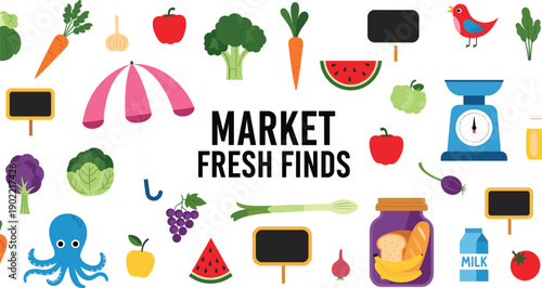 Market Fresh Finds collection featuring organic vegetables fruits seafood dairy and bakery items with market elements like scales and price tags on grey background