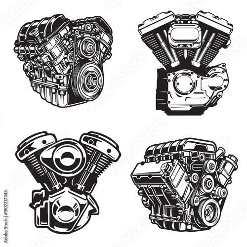Set of V-Twin and Automotive Engine Block Illustrations