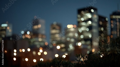 Soft bokeh city skyline at dusk, urban lights over dark foreground shrubs, calm cinematic mood for finance growth themes, winter evening commute context