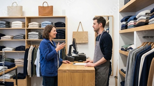 Friendly retail conversation at clothing boutique counter, woman customer and male shop assistant in casual wear, local shopping service, Small Business Saturday vibe