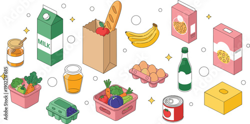 Isometric grocery set featuring milk carton brown paper bag with baguette eggs honey jars fresh produce crates and cereal boxes on grey background