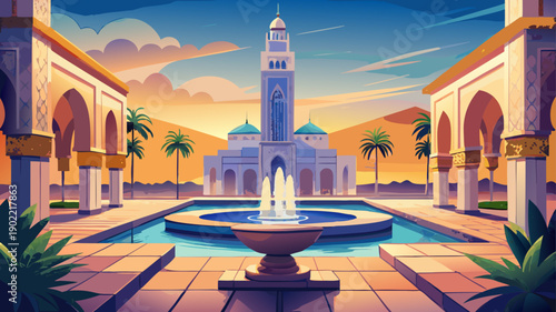 Very beautiful fountain at the Hassan II Mosque in Casablanca, reflecting elegant Islamic design, calm water elements, and harmonious architectural composition.