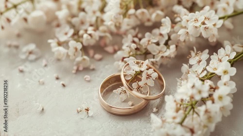 Two wedding rings nestled among white blossoms on textured surface