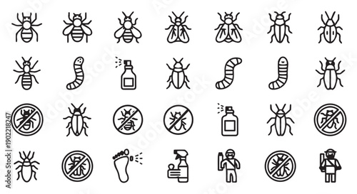 Black and white line icons of various insects, pest control methods, and symbols on a Transparent Background for design use.