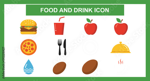 Set of basic food and drink icons featuring burger pizza apples chicken leg soda cup and kitchen utensils isolated on grey background with green border