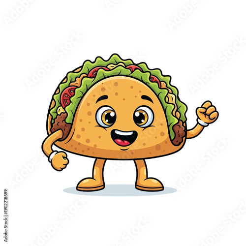 Adorable Cute Cartoon Taco Character Mascot with Big Eyes and Happy Smile, Posing with Fists Clenched, Mexican Fast Food Vector Illustration on White Background