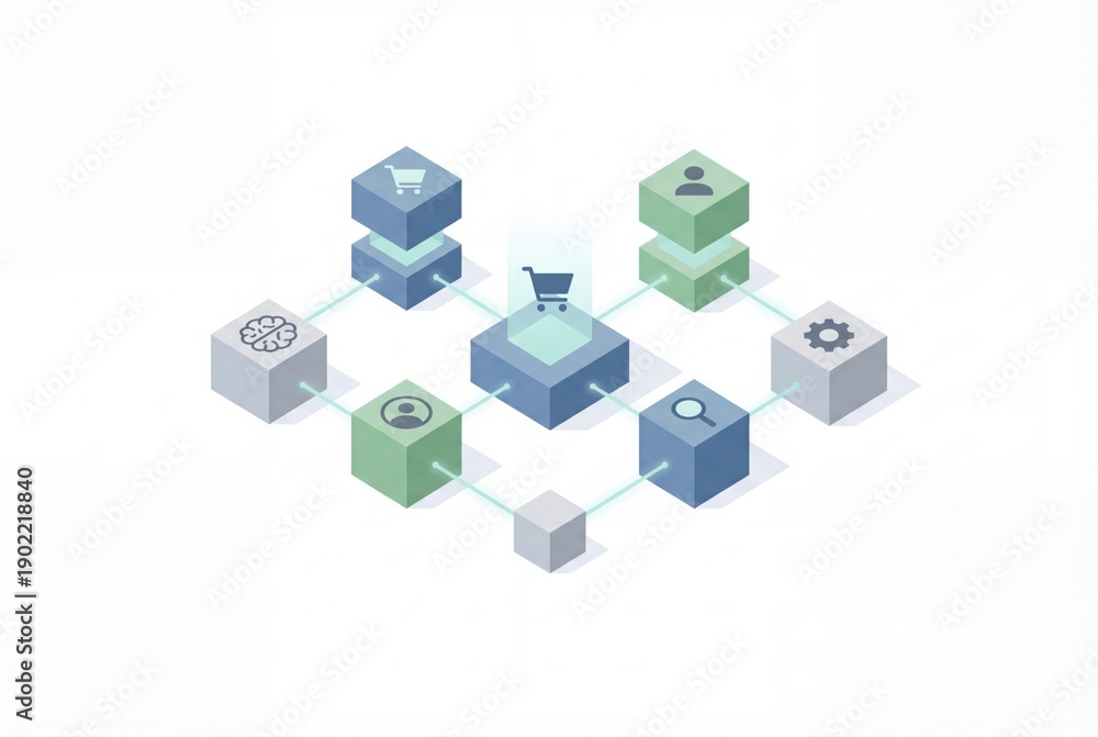 Obraz premium Digital marketplace network connecting consumer behavior insights, cognitive analytics, user interface design, and automated purchasing system functionality in a streamlined visual framework