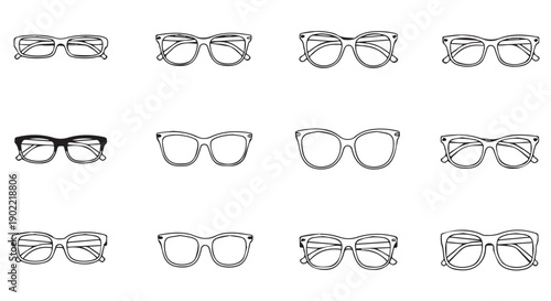 Collection of various eyeglasses and sunglasses in different styles and designs, isolated on Transparent Background.