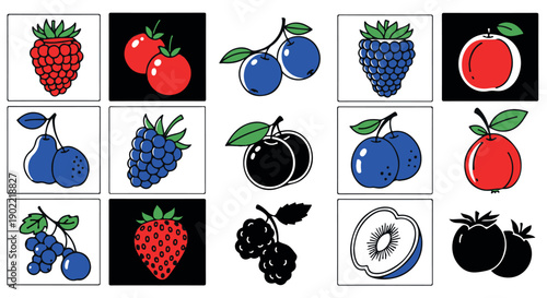 Collection of colorful fruit icons including berries, apples, and pears in various styles and colors