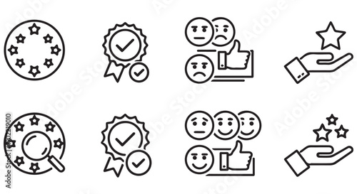 Black line icons for customer review, rating, feedback, and satisfaction, including stars, checkmarks, and emoticons.