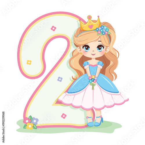 Sweet and modest princess with flowers and number 2 on white background. Happy Birthday party concept. For Greeting Card or Invitation. Vector illustration in flat cartoon style