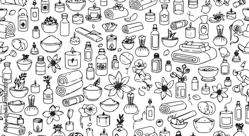 Black and white illustration of various spa and wellness products on a Transparent Background for relaxation and pampering.