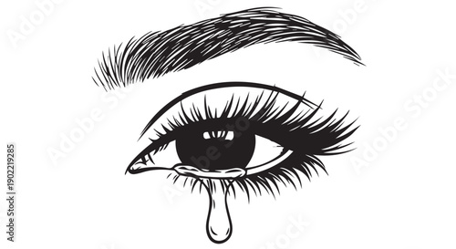 A crying eye with a single tear drop falling from the corner, illustrated in a black and white graphic style with detailed eyelashes and eyebrow.