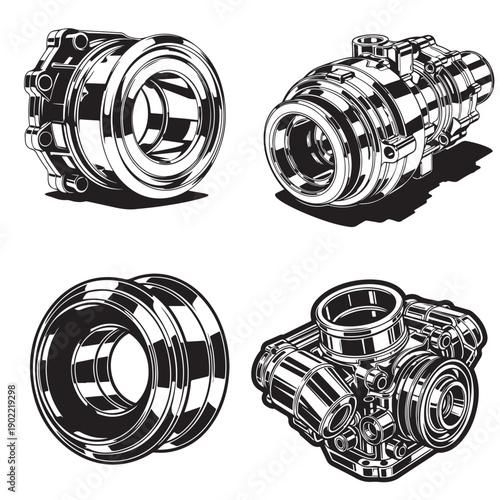 Collection of Mechanical Engine Parts and Industrial Hardware Vector Illustrations