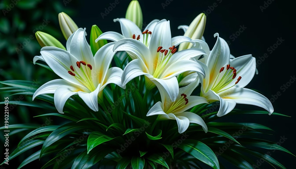 Fototapeta premium Elegant bouquet of pristine white lilies, lush greenery, wedding, garden
