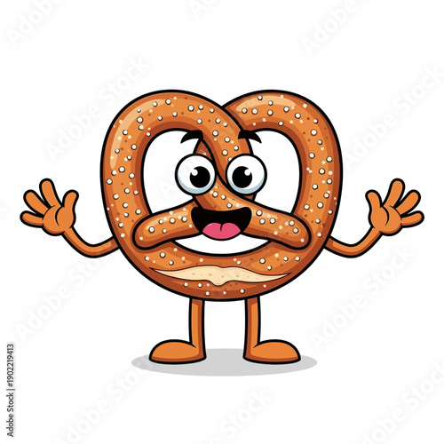 Cute Cartoon Pretzel Mascot Character with a Happy Face and Waving Hands, Isolated on a White Background, Ideal for Snack Food Branding and Kid-Friendly Menus.