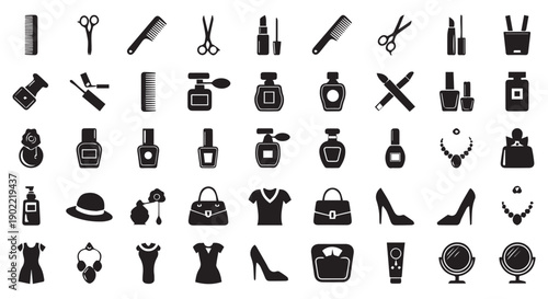 Collection of black silhouette icons for beauty, fashion, and cosmetics on Transparent Background, including makeup, tools, clothes, and accessories.