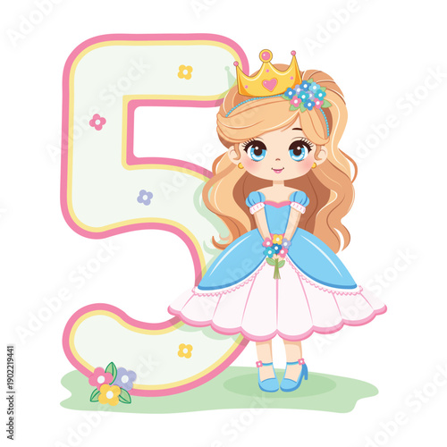 Sweet and modest princess with flowers and number 5 on white background. Happy Birthday party concept. For Greeting Card or Invitation. Vector illustration in flat cartoon style