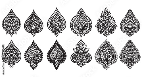 Collection of intricate black and white teardrop shaped floral mandalas and paisley designs on Transparent Background
