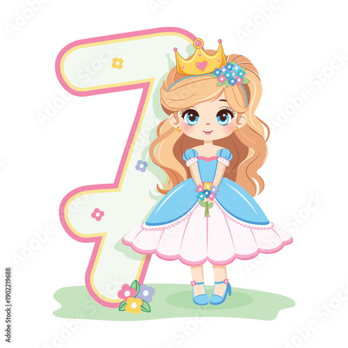 Sweet and modest princess with flowers and number 7 on white background. Happy Birthday party concept. For Greeting Card or Invitation. Vector illustration in flat cartoon style