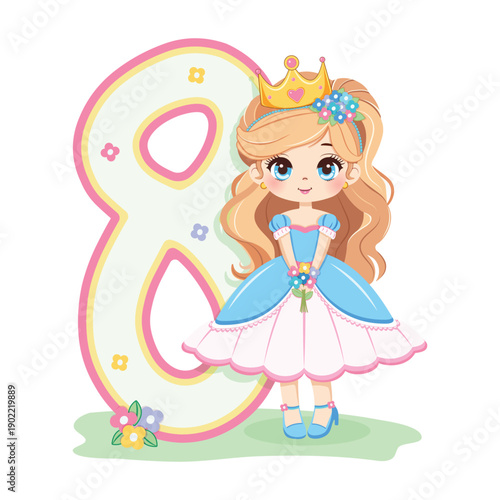 Sweet and modest princess with flowers and number 8 on white background. Happy Birthday party concept. For Greeting Card or Invitation. Vector illustration in flat cartoon style