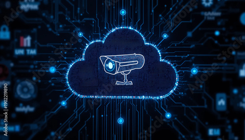 Surveillance camera icon in a secure cloud interface, digital security concept
