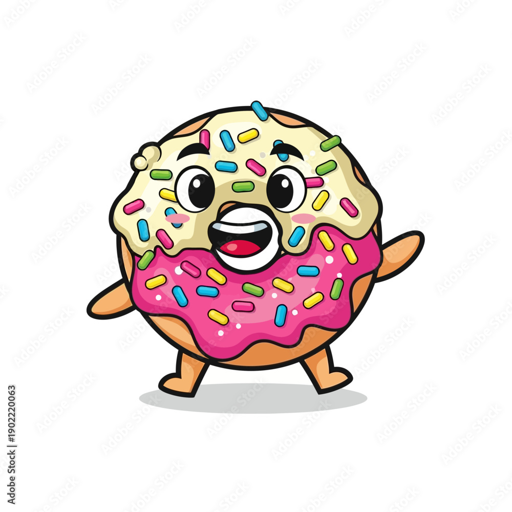 Fototapeta premium Cute Cartoon Donut Character Mascot with Pink and White Frosting and Colorful Sprinkles, Happy Smiling Sweets Illustration for Kids Bakery Menu and Web Project