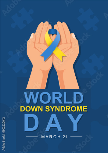World Down Syndrome Day banner. World Down Syndrome Day awareness design with puzzle pieces, hands and ribbon. Great for banners, posters, cards and social media. Vector Illustrations.