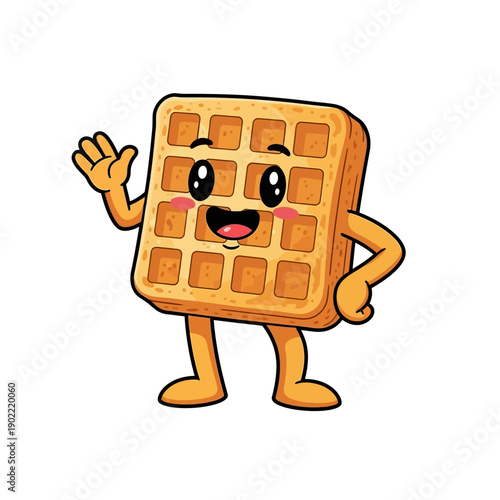 Cute Cartoon Waffle Character Mascot Waving Hand with a Happy Smile and Friendly Expression, Kawaii Breakfast Food Illustration Isolated on White Background.