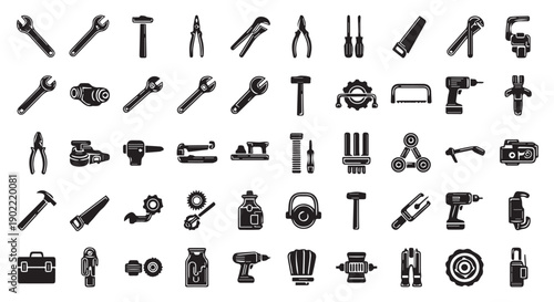 Collection of various black tool icons on Transparent Background for repair, construction, and DIY projects.