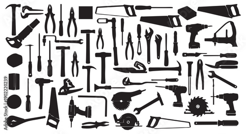 Collection of various black silhouettes of hand tools and equipment for construction, carpentry, and DIY projects on Transparent Background.