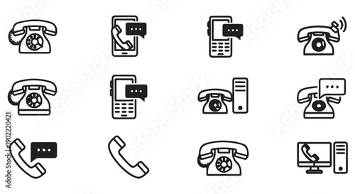Set of black line icons depicting various telephones and mobile phones with speech bubbles for communication and technology concepts.