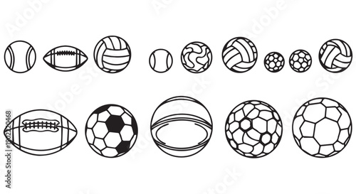 Collection of various sports balls on Transparent Background, including soccer, football, baseball, rugby, volleyball, and more, for athletic design
