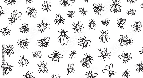Black and white illustration of various flying insects, bees, and flies on a Transparent Background, simple line drawing.
