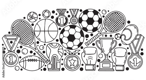 Black and white illustration of various sports icons and medals for awards and competition, including soccer balls, basketballs, and tennis rackets.