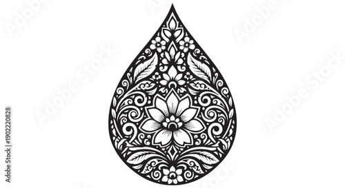 Black and white teardrop shaped floral mandala design with intricate patterns and flowers on a Transparent Background