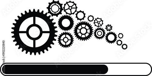 Gear loading progress bar vector illustration, mechanical system process concept, black technology icons, industrial automation design graphic