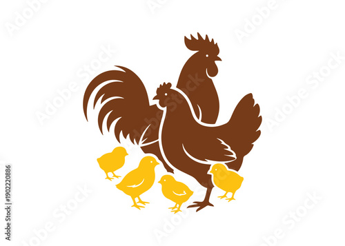 Vector art of a chicken family in a colorful collage on a white surface