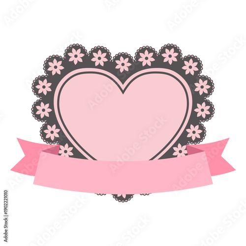 Flower pink and black heart lace frame with ribbon, tag, label