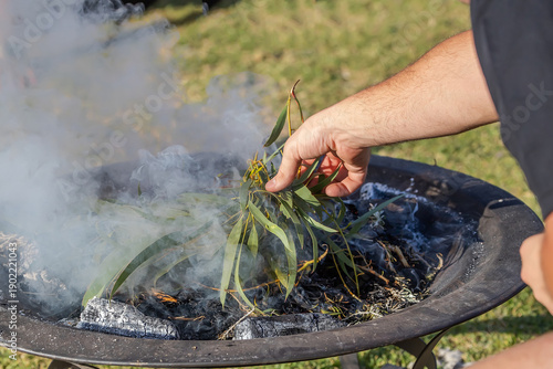 Human hands with green branches, smoking ritual dish, Australian aboriginal smoking ceremony, ritual rite at an indigenous community event