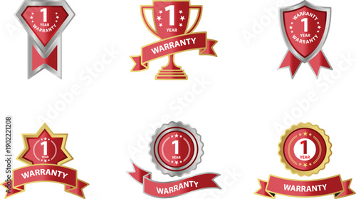 Red warranty badges with one year guarantee on white background