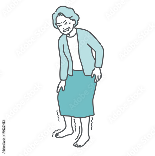 足の痺れ・痛みに耐える高齢女性のイラスト（脊柱管狭窄症・糖尿病・坐骨神経痛）