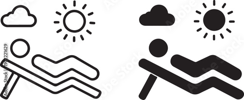 Person relaxing on a beach chair under varying weather conditions isolated on white background, illustration