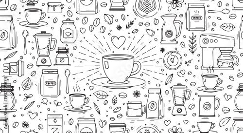 A black and white illustration of various coffee related items including cups, jugs, coffee beans, and coffee makers on a Transparent Background.