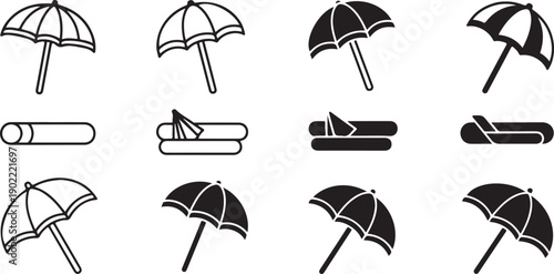 Variety of umbrellas and suitcases in a minimalistic design. isolated on white background, illustration