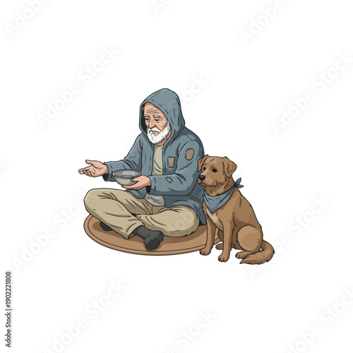 Elderly Man Sitting with Dog Illustration.