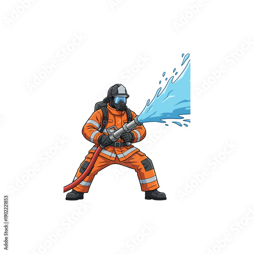 Firefighter in Action with Water Hose.