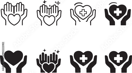Diverse hand gestures representing care, support, and medical aid isolated on white background, illustration